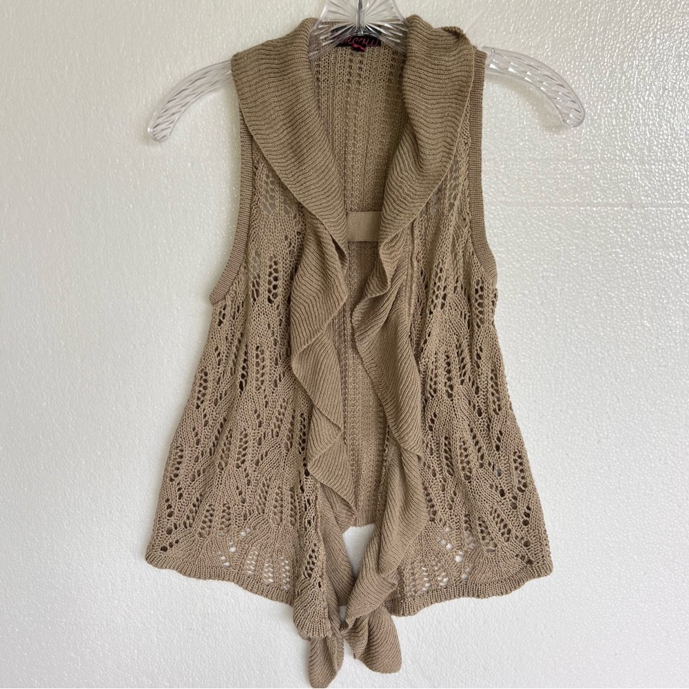 Takeout Sleeveless Crochet Y2K Sweater Cardigan Womens XS Tan Drape Open Front